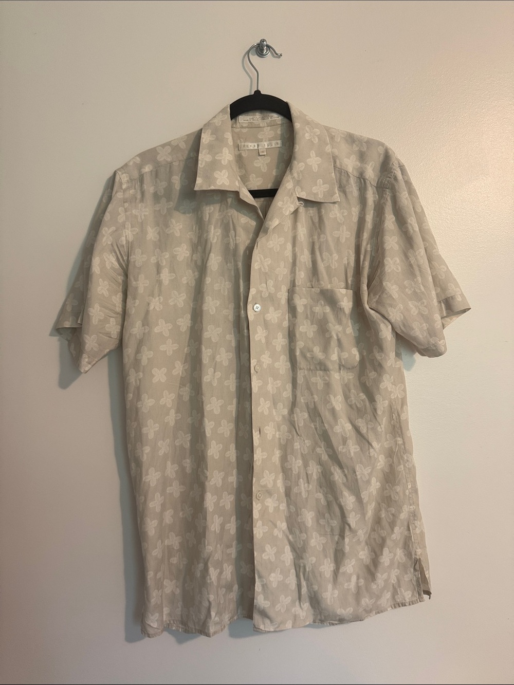 Perry Ellis Beige Silk Cotton Floral Short Sleeve Button-Up Shirt